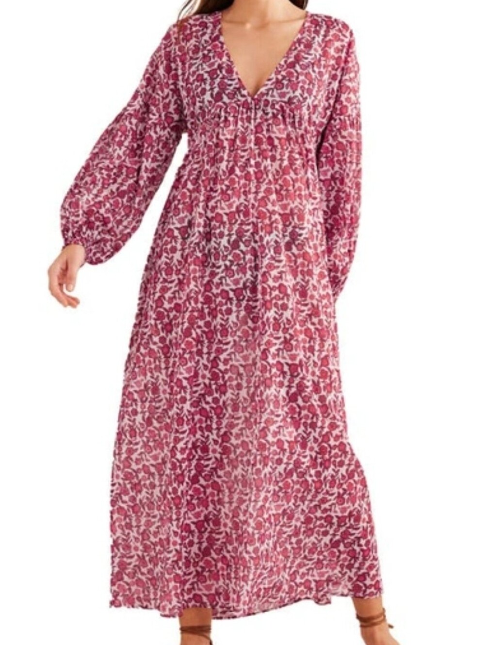 BODEN Floral Empire Waist Long Sleeve Maxi Dress In Poinsettia Pansy Bloom US 10